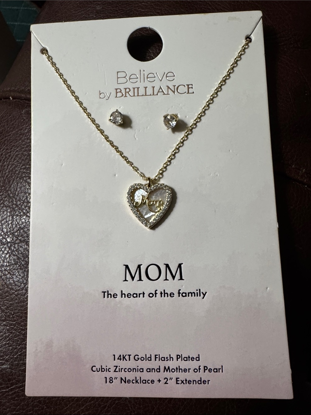 Gold 'Mom' Heart Necklace and Stud Earrings Set
